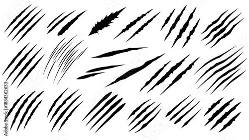 Collection of various black claw marks and scratches on a white background, representing damage and aggression.