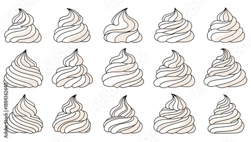 A grid of fifteen stylized illustrations of piped meringue cookies, arranged in three rows of five.