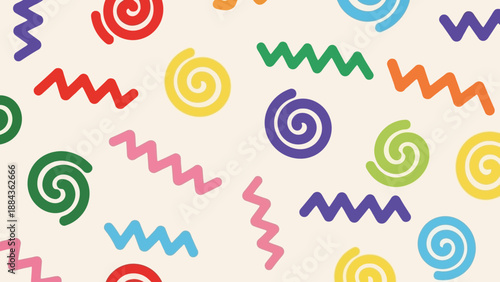 A vibrant and playful background pattern featuring colorful, abstract shapes like swirls and zigzags on a cream-colored canvas.