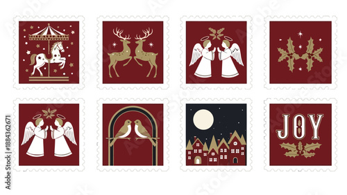 A collection of eight festive Christmas-themed square illustrations on a deep red background, featuring holiday motifs like reindeer, angels, a carousel, and a village scene.