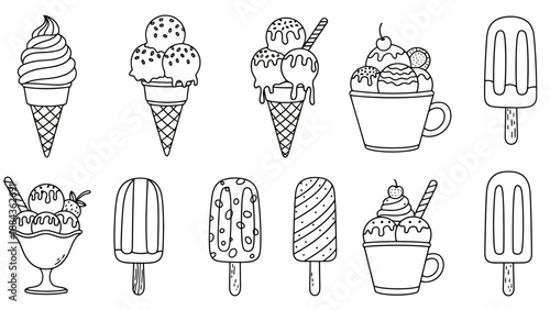 A collection of hand-drawn black and white illustrations of various ice cream desserts, including cones, cups, and popsicles, presented in a top-down view.