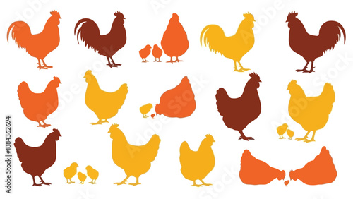 A collection of colorful chicken and rooster silhouettes in various poses, including chicks, against a white background.