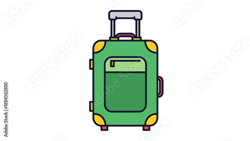 A vibrant green rolling suitcase with yellow corner protectors and a front pocket, ready for travel.