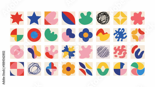 A vibrant collection of abstract geometric shapes and organic forms in a playful, colorful pattern.