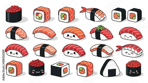 A delightful collection of kawaii-style sushi illustrations, featuring various types of nigiri, maki rolls, and gunkanmaki with adorable smiling faces.
