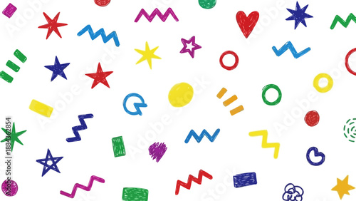 A vibrant and playful collection of colorful hand-drawn shapes and patterns on a white background.