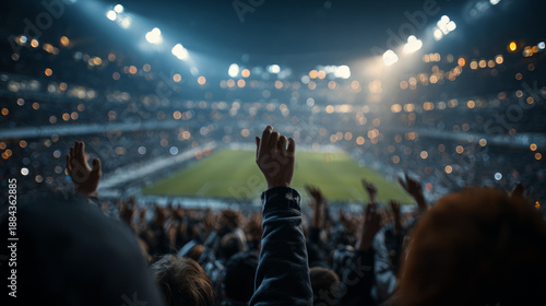 Crowd cheering with hands raised at a brightly lit stadium during a night game