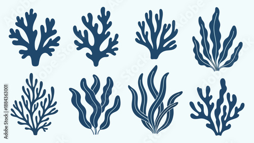 A collection of eight stylized illustrations of various types of blue seaweed and coral on a light blue background.
