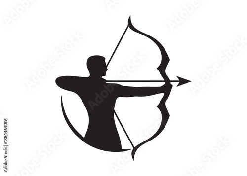 archery logo silhouette vector, bow and arrow logo silhouette illustration, bow and arrow silhouette logo vector, archery sports logo vector, archer bow man logo vector silhouette on white background.