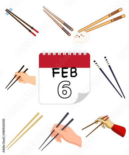 Various styles of holding and using chopsticks, illustrating the celebration of national chopstick day on February 6th on transparent background
