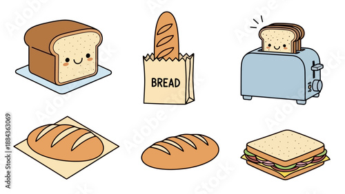 A charming collection of cute, anthropomorphic bread characters and baked goods, including a smiling loaf, a baguette in a paper bag, a happy slice in a toaster, and various other bread types.