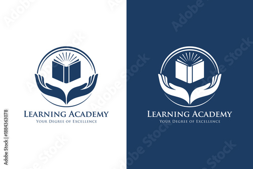 Professional learning academy logo with open book badge icon in blue for school education institute branding, modern vector emblem design.
