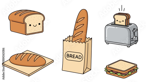 A charming collection of cute, anthropomorphic bread items, including a loaf, a baguette in a paper bag, a slice on a cutting board, toast popping out of a toaster, and a sandwich.