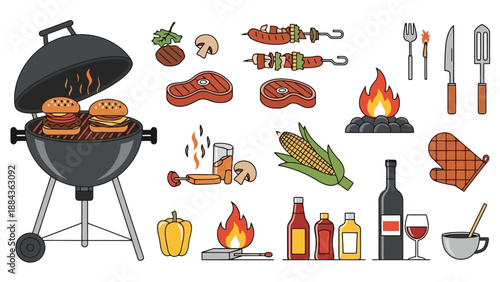 A vibrant collection of barbecue and grilling essentials, featuring a charcoal grill with burgers, various meats, vegetables, sauces, and cooking tools, set against a clean background.