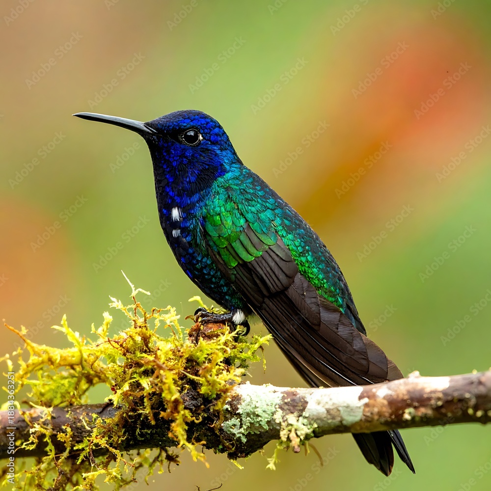 Fototapeta premium Vibrant hummingbird perched on a mossy branch with a blurred, colorful backdrop