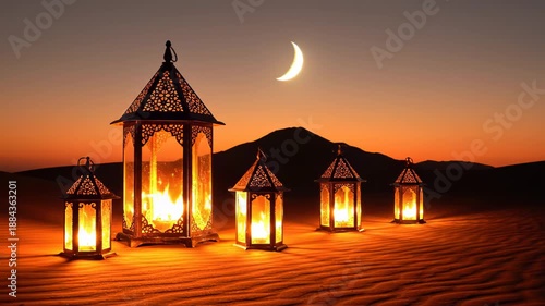 Ramadan Kareem Lanterns Glowing in Desert at Night with Crescent Moon, Arabic Islamic Celebration Background with Burning Candles