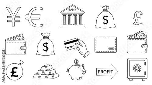 A collection of black and white line art icons representing various financial concepts and symbols, including currency signs, a bank, money bags, wallets, gold bars, a piggy bank, and a safe.