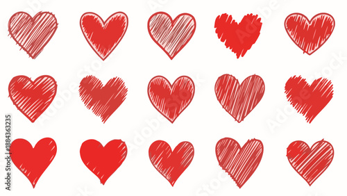 A collection of fifteen red heart illustrations, varying in texture and style, presented on a white background.