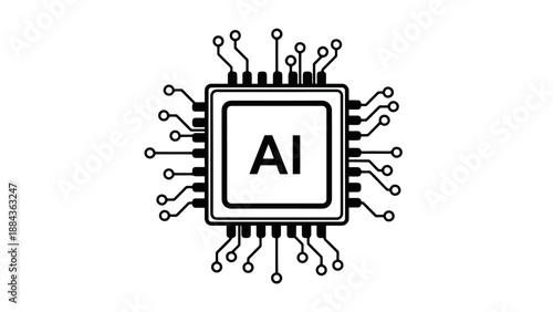 A stylized black and white illustration of a computer chip with the letters "AI" prominently displayed in the center, symbolizing artificial intelligence and advanced technology.