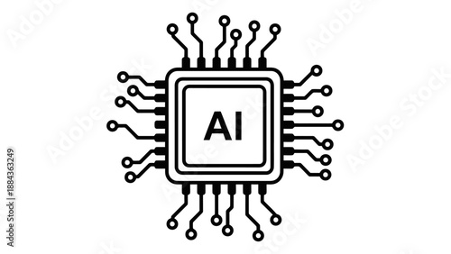 A stylized illustration of a computer chip with the letters "AI" prominently displayed in the center, symbolizing artificial intelligence and advanced technology.