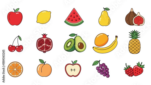 A vibrant collection of 15 assorted fresh fruits, beautifully illustrated in a clean, flat design style, showcasing a variety of colors and shapes.