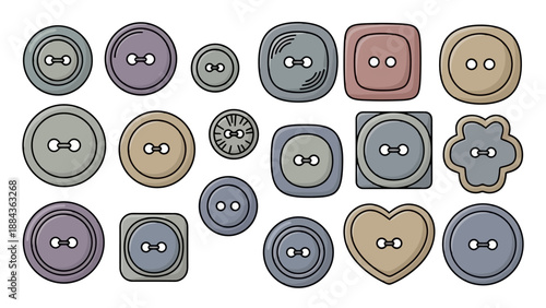 A diverse collection of colorful buttons in various shapes and sizes, including circular, square, and heart-shaped, all with two holes for sewing.