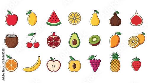 A vibrant collection of fresh, ripe fruits, beautifully illustrated in a clean, modern flat design style, showcasing a diverse array of nature's bounty.