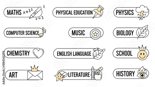 A collection of stylized subject labels, each featuring a unique icon representing its academic discipline, presented on a white background.