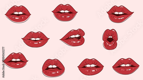 A collection of diverse red lips illustrations showcasing various expressions and shapes against a soft pink background.