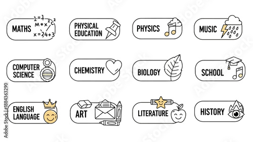 Collection of stylized icons representing various school subjects and academic disciplines, presented in a clean, modern design.