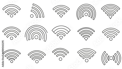 A collection of various Wi-Fi signal icons, showcasing different styles and signal strengths in a clean, minimalist design.