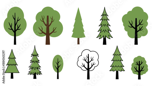 A collection of diverse cartoon-style trees, including deciduous and coniferous varieties, presented in a flat design.