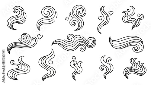 A collection of hand-drawn, stylized illustrations depicting wisps of smoke or steam, some adorned with small hearts, presented in a black and white line art style.