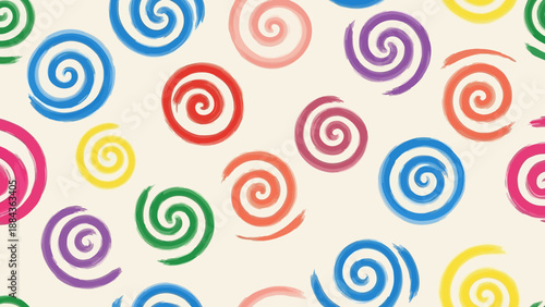 A vibrant and playful background pattern featuring a collection of colorful, hand-drawn-style spiral shapes scattered across a light, textured surface.