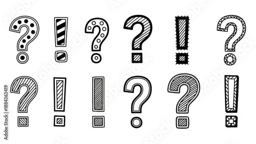 A collection of hand-drawn punctuation marks, including question marks and exclamation points, with various decorative patterns.