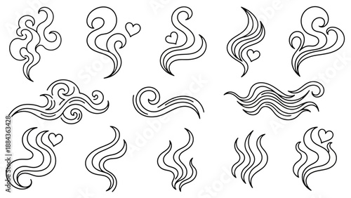 Collection of stylized, hand-drawn illustrations of swirling smoke, steam, or scent lines, some with small heart accents, presented in black and white outline style.