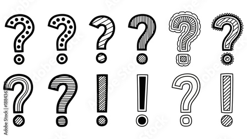 A collection of hand-drawn question marks and exclamation points with various decorative patterns and textures.