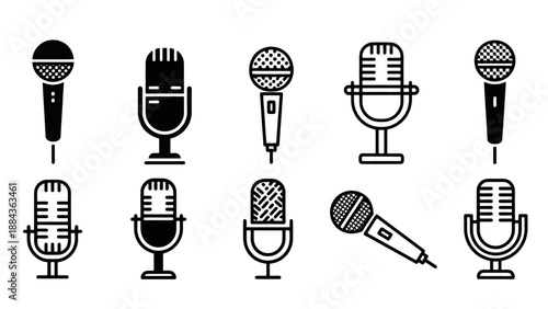 A collection of ten diverse microphone icons, showcasing various vintage and modern designs for audio recording and broadcasting.