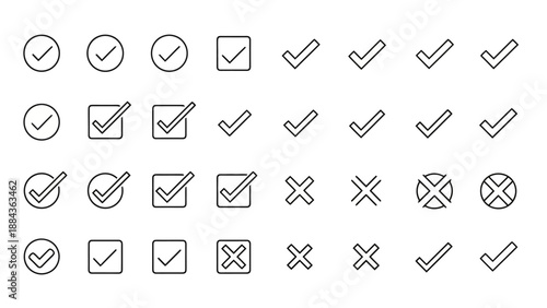 Collection of various checkmark and cross icons in different styles and shapes, presented in a grid layout.