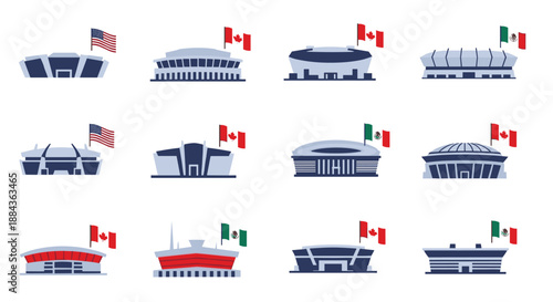 Concept of an urban skyline featuring sports stadiums and international flags