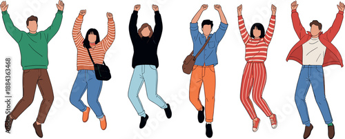 Set of happy diverse people jumping in the air celebrating success vector illustration