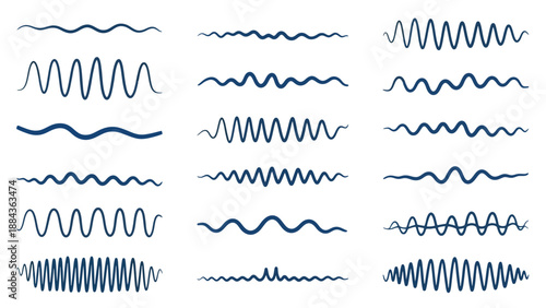 A collection of various wavy lines and sine wave illustrations in dark blue on a white background.