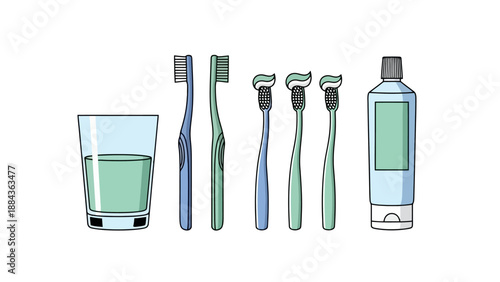 A collection of dental hygiene items including a glass of water, toothbrushes with toothpaste, and a tube of toothpaste.