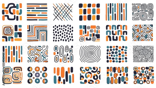 A collection of 30 abstract geometric patterns in a retro color palette of orange, teal, and yellow.