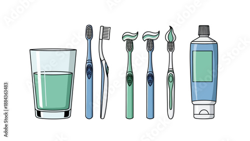 A collection of dental hygiene products including a glass of mouthwash, toothbrushes, and toothpaste, arranged neatly on a white background.