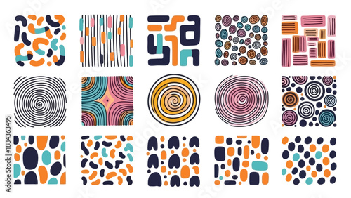 A collection of 15 abstract, colorful, and geometric patterns in a grid layout, showcasing diverse shapes and textures.