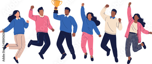 Set of happy diverse people jumping and celebrating success with a golden trophy cup