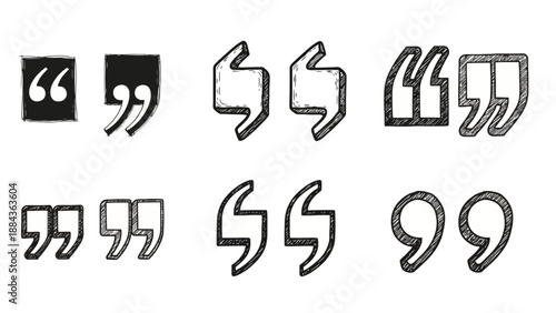 A collection of various hand-drawn quotation mark designs in different styles and orientations.