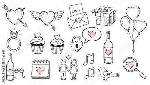 A charming collection of hand-drawn doodle illustrations celebrating love and romance, featuring hearts, gifts, and romantic symbols.