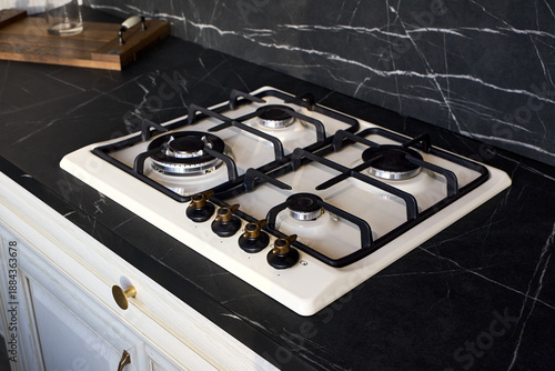 Gas hob cooktop country style design with aesthetic cream colored enamel and antiqued brass control knobs, cast iron grates and gas control function cuts off gas supply for safety built in countertop